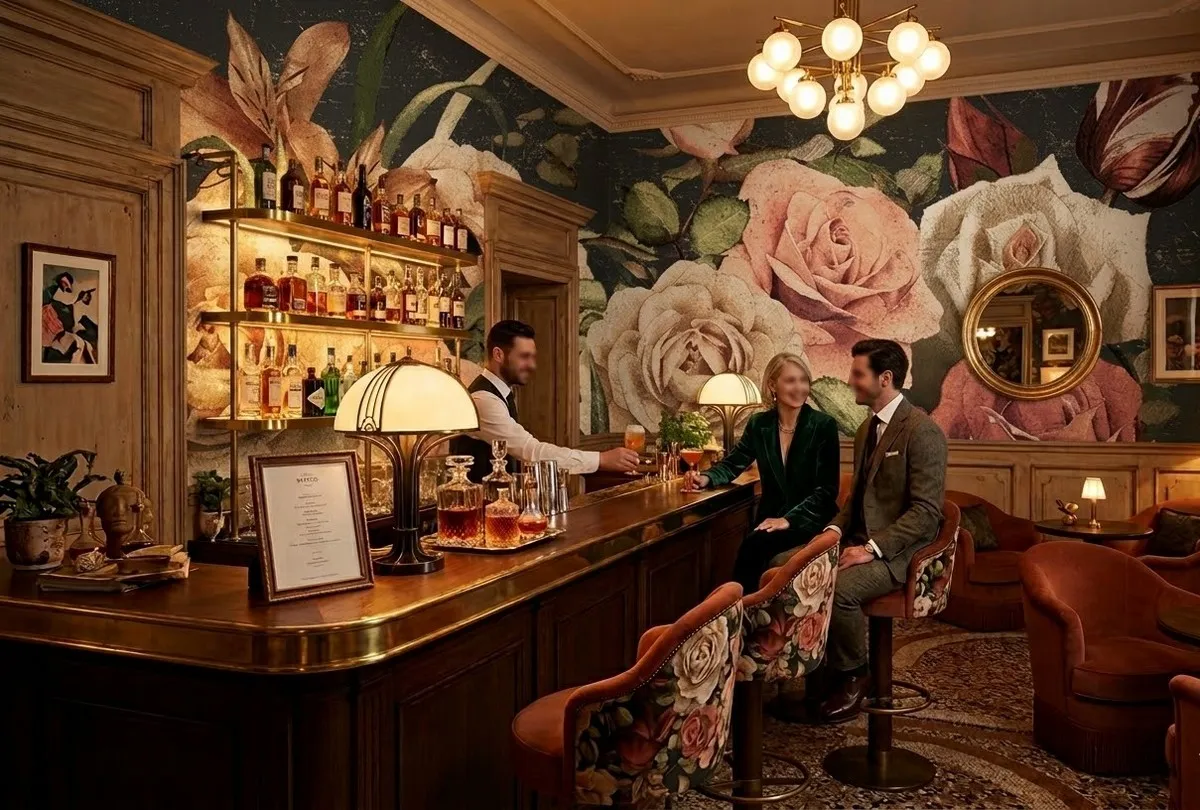 ROMANCE | Carta da parati con fiori grandi - Colore 1 - Nanni Giancarlo Esempio di carta da parati per rinnovare il bancone del bar