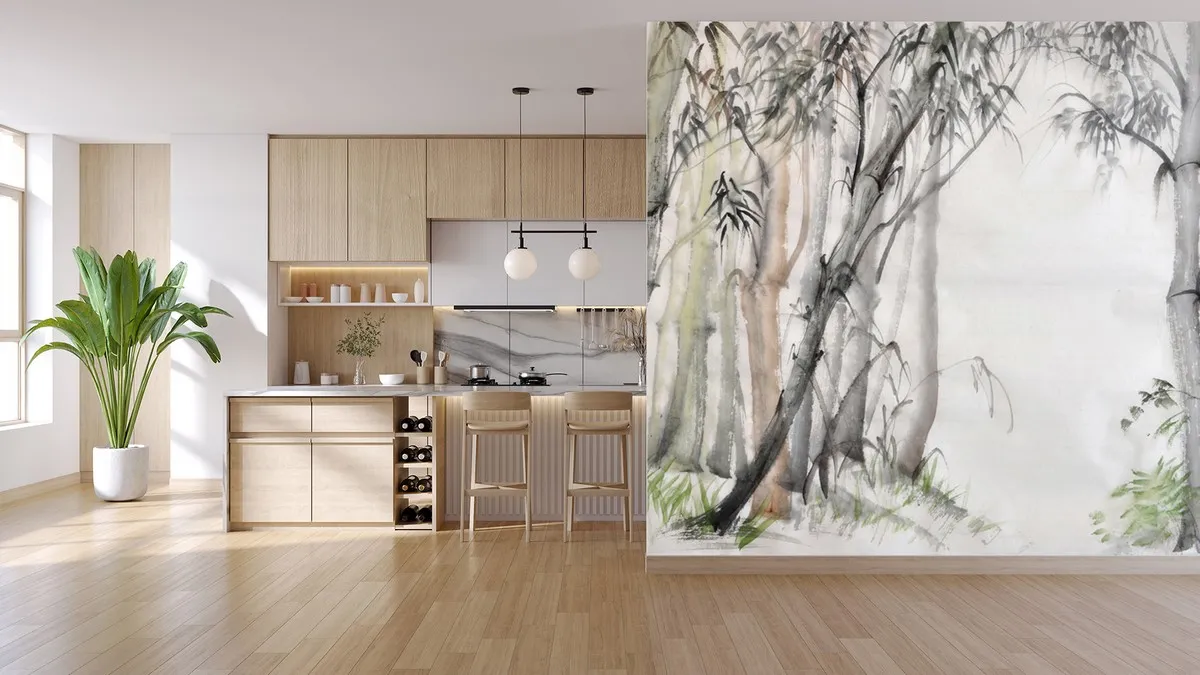 Pavimento cucina effetto legno e carta da parati abbinamento