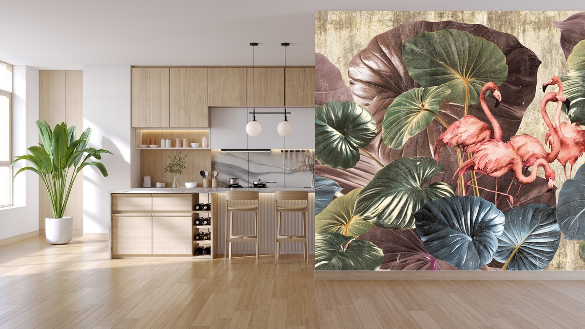 Carta da parati design stile esotico in cucina e salotto